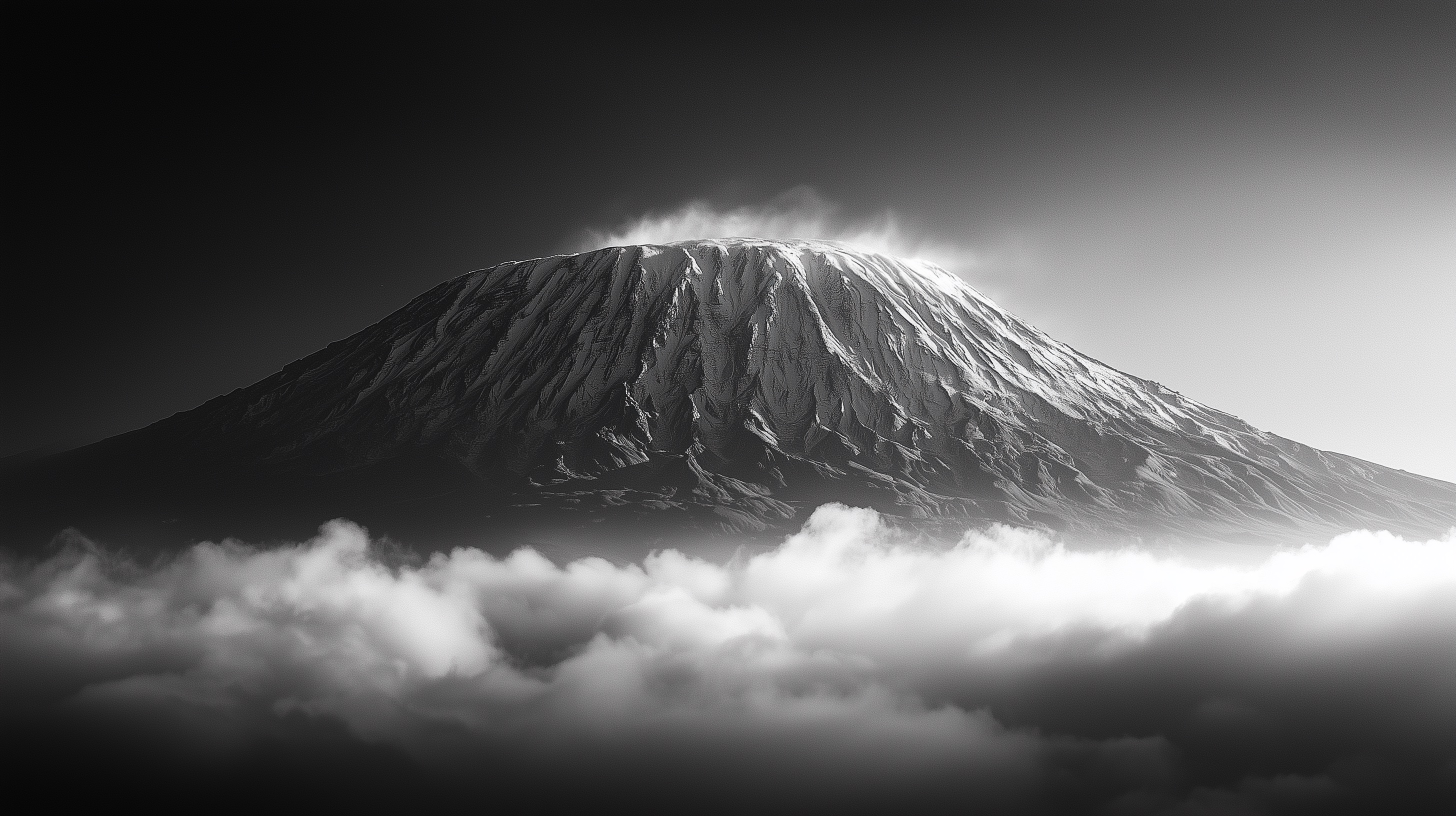 High contrast black and white peak of Mount Kilimanjaro rising above clouds